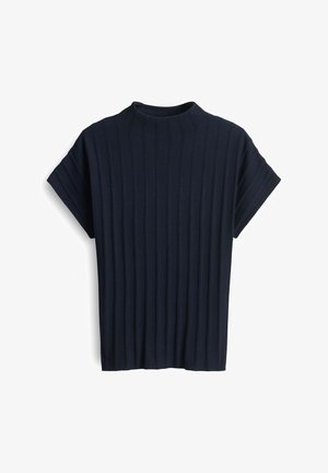 Top a coste blu navy con scollatura rotonda e maniche corte, caratterizzato da un motivo testurizzato su tutto il tessuto.