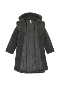 Donkergrijze, lange fleecjas met capuchon, met een gestructureerde buitenstof, grote revers en een gladde grijze binnenvoering. Geen zichtbare sluitingen of zakken.