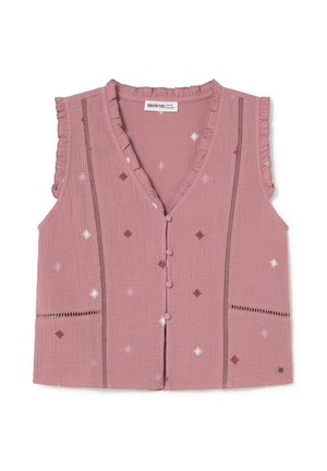 Blusa sin mangas en rosa polvoriento con cuello con volantes, botones de tela en la parte delantera, paneles verticales de encaje y pequeños bordados florales.