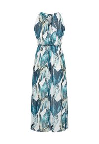 Robe maxi sans manches avec imprimé feuilles tropicales bleues et vertes, encolure goutte avec lien, et taille cintrée.