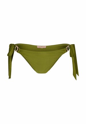 Vihreä oliivinvihreä bikinitoppi sivusiteillä, jossa on koristeellisia metallikoristeita. Pehmeä, joustava materiaali, sileä pinta ja minimalistinen muotoilu.