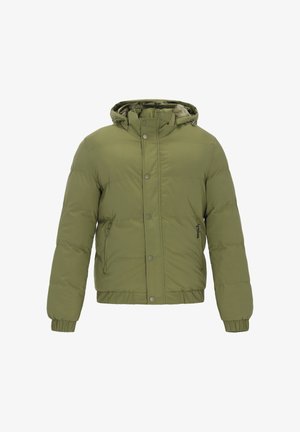 Olívazöld steppelt dzseki cipzáras oldalzsebbel, elasztikus mandzsettával, kapucnival és patentos záródással. Simogatott textúra, enyhén párnázott kialakítás.