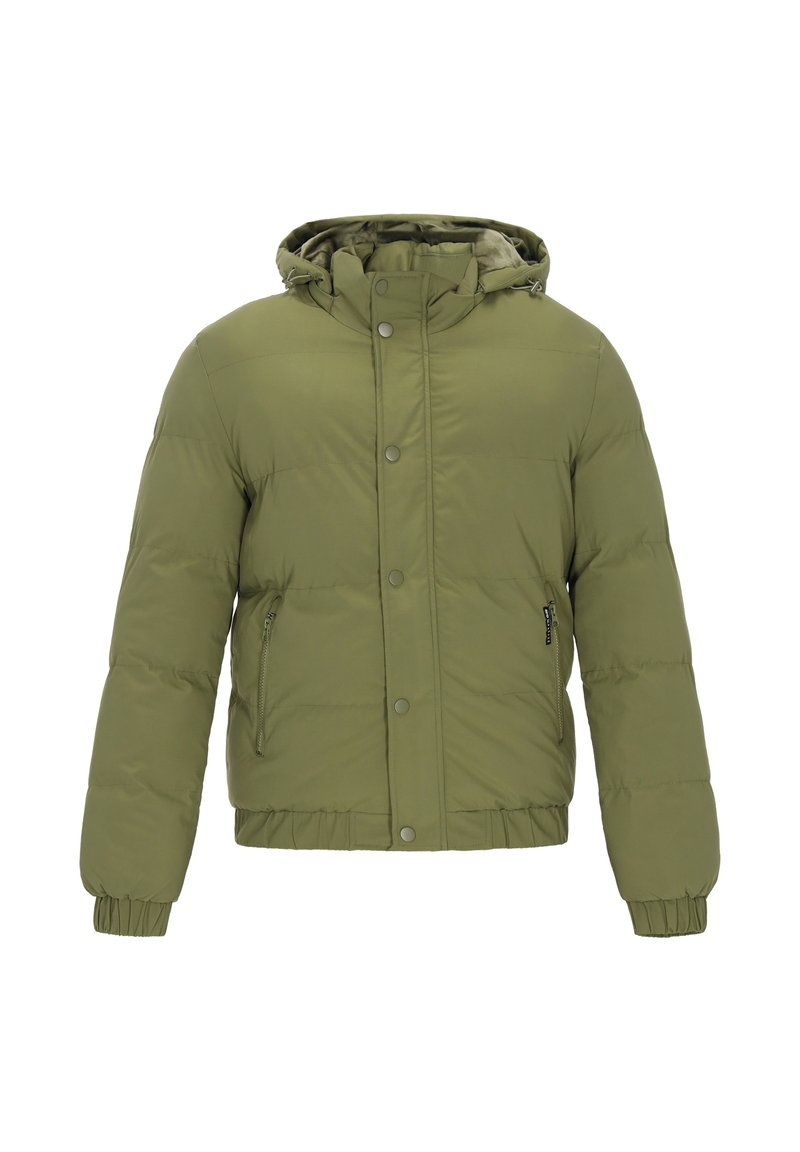 Olívazöld steppelt dzseki cipzáras oldalzsebbel, elasztikus mandzsettával, kapucnival és patentos záródással. Simogatott textúra, enyhén párnázott kialakítás.