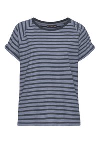 Randig t-shirt med kort ärm i blått och marinblått, med rund halsringning och en lätt melerad struktur; har en logotypdetalj på axeln.