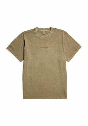 Olive green cotton t-shirt, crew neck, short sleeves, and a simple logo in the center. Smooth texture with a relaxed fit.