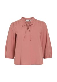 Rosa blus med nyckelhålshalsringning, knytdetalj och trekvartslånga puffärmar. Mjukt, lättviktigt tyg med avslappnad passform.