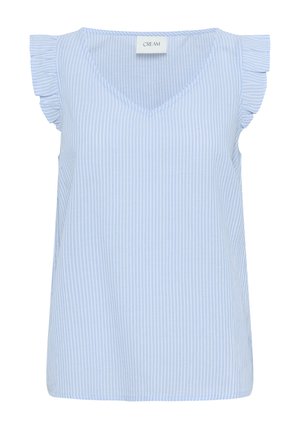 Top fără mâneci, de culoare albastru deschis, cu dungi verticale albe, decolteu în formă de V și accente cu volane pe umeri. Fabricat dintr-un material moale, cu un croi lejer.