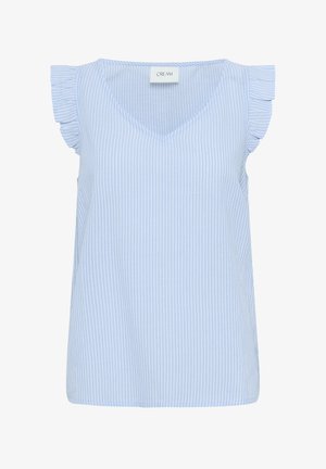 Vaaleansininen hihaton paita, jossa on pystysuoria valkoisia raitoja, v-aukkoinen kaula-aukko ja röyhelökoristeet olkapäillä. Valmistettu pehmeästä kankaasta, jossa on rento istuvuus.