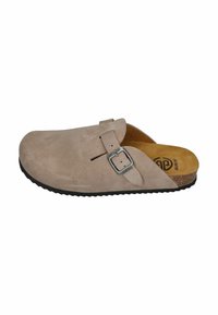 Light brown suede slip-on clog with adjustable metal buckle strap and cork footbed, black textured sole.