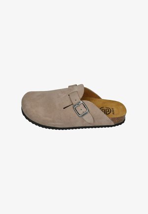 Light brown suede slip-on clog with adjustable metal buckle strap and cork footbed, black textured sole.