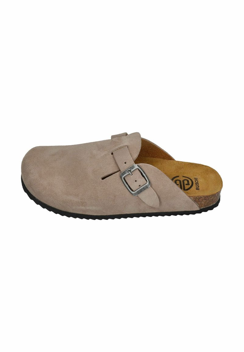 Light brown suede slip-on clog with adjustable metal buckle strap and cork footbed, black textured sole.