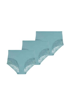 Pakket van drie teal hoge taille onderbroeken met kantaccenten aan de zijkanten, voorzien van een soepele stof en bloemige kantdetails.