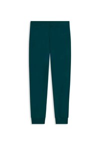 Pantaloni da joggers per bambini in verde scuro con vita elasticizzata e caviglie a coste, esposti in piano su sfondo bianco.