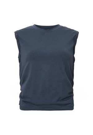 Tumma harmaa hihaton paita, valmistettu sileästä kankaasta, jossa on rypistetyt sivut ja pyöreä pääntie. Yksinkertainen, istuva muotoilu ilman kuvioita.