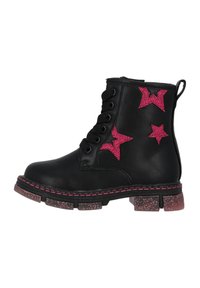 Stivali alla caviglia in pelle nera con accenti a stella glitter rosa, design con lacci e suola chunky scintillante. Presenta dettagli di cuciture a contrasto.