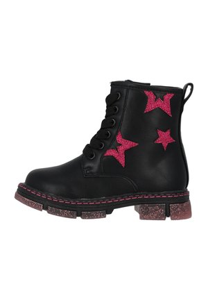 Stivali alla caviglia in pelle nera con accenti a stella glitter rosa, design con lacci e suola chunky scintillante. Presenta dettagli di cuciture a contrasto.