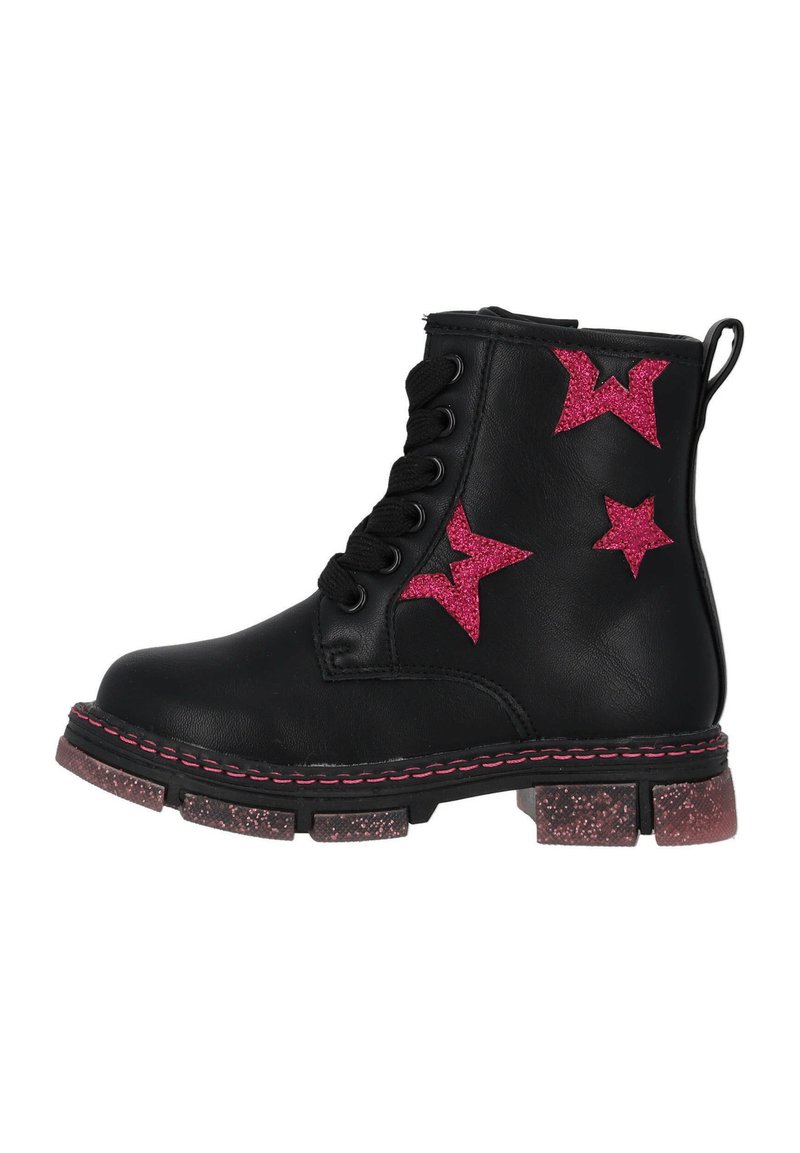 Stivali alla caviglia in pelle nera con accenti a stella glitter rosa, design con lacci e suola chunky scintillante. Presenta dettagli di cuciture a contrasto.
