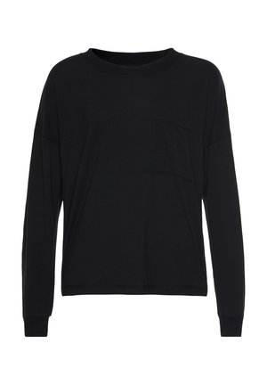 Black long-sleeve t-shirt made of cotton with a relaxed fit, featuring a single chest pocket and ribbed cuffs. Smooth texture, simple design.