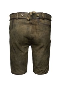 Braune Lederhosen mit weicher Textur, ausgestattet mit einem Knopfverschluss, Gürtelschlaufen und einer Seitentasche. Einfaches, funktionales Design.