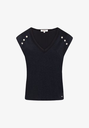 Haut noir à manches courtes avec un col en V et des accents de boutons métalliques sur les épaules. Fabriqué à partir d'un matériau texturé, légèrement brillant.