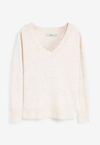 Cremefarbener V-Ausschnitt-Pullover mit bunten Sprenkeln, gerippten Manschetten und Saum, langen Ärmeln, auf weißem Hintergrund präsentiert.