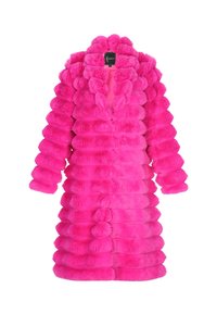 Faux fur coat in bright pink, featuring a textured, puffy design with round segments and a collar. No visible fastenings on the front.