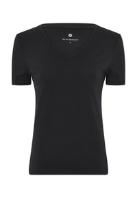 Sort bomulds T-shirt med V-hals og korte ærmer, med en tætsiddende design og en glat tekstur. Etiketten angiver størrelse medium.