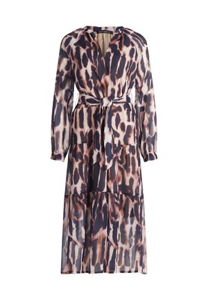Robe à manches longues en tissu léger avec un motif abstrait brun et crème. Design enroulé avec une taille nouée et une jupe à volants.
