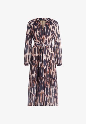 Sukienka z długim rękawem w lekkim materiale, z abstrakcyjnym wzorem w odcieniach brązu i kremu. Model z kopertowym krojem, wiązanym w pasie, z falbanistą spódnicą.