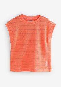 Short-sleeve, textured top in vibrant coral with a ribbed neckline and accent logo detail at the hem. Made of breathable knit material.