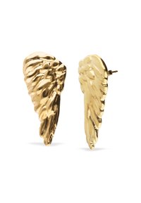 Boucles d'oreilles en forme d'aile dorée avec une texture détaillée rappelant des plumes et une finition polie. Chaque boucle d'oreille est dotée d'un fermoir à tige pour un maintien sécurisé.