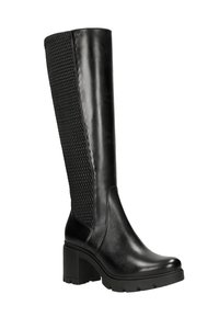Knee-high black boots with a shiny leather front and textured mesh panel at the back. Chunky block heel and rugged sole design.