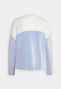 Stickad tröja med randigt mönster i blått och vitt, med rundad halsringning, långa ärmar och ribbad textur.