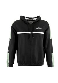 Giacca nera con cappuccio e dettagli bianchi e verde menta, dotata di zip anteriore, polsini elastici e logo del marchio sul petto e sulla manica.