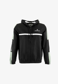 Chaqueta con capucha negra y acentos en blanco y verde menta, que presenta un cierre con cremallera frontal, puños elásticos y el logo de la marca en el pecho y la manga.