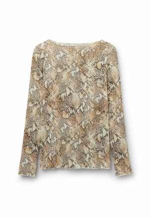 Långärmad topp med beige och brun ormtrycksmönster, rund halsringning, visad liggande på vit bakgrund.