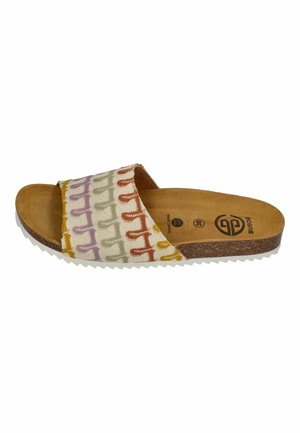 Slide sandal with a cork sole and multicolored fabric strap featuring a loop pattern in purple, green, orange, and yellow tones.