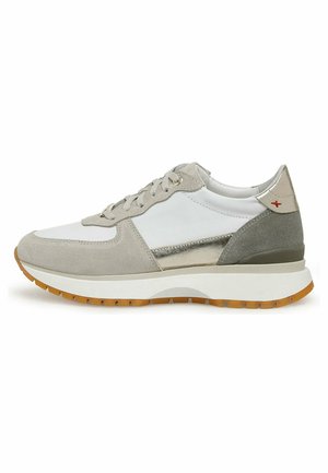 Gray and white sneaker with suede and metallic accents, round toe, lace-up design, white midsole, and rubber outsole with textured grip.
