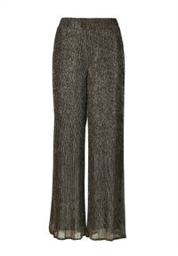 Metallisch plissierte weite Hosen mit elastischem Bund, die eine schimmernde schwarze und silberne Textur aufweisen und einen lässigen Look bieten.