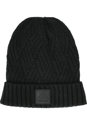 Bonnet noir en maille avec bord-côte et étiquette tissée affichant un logo de montagne et le texte « Whistler » à l'avant.