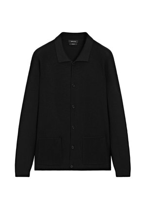 Black cardigan with a collared neckline, button front, and two front pockets. Made of textured fabric with ribbed accents on cuffs and hem.