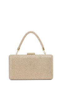 Rectangular gold clasp handbag with a textured surface covered in sparkling rhinestones. Features a gold chain strap for carrying.