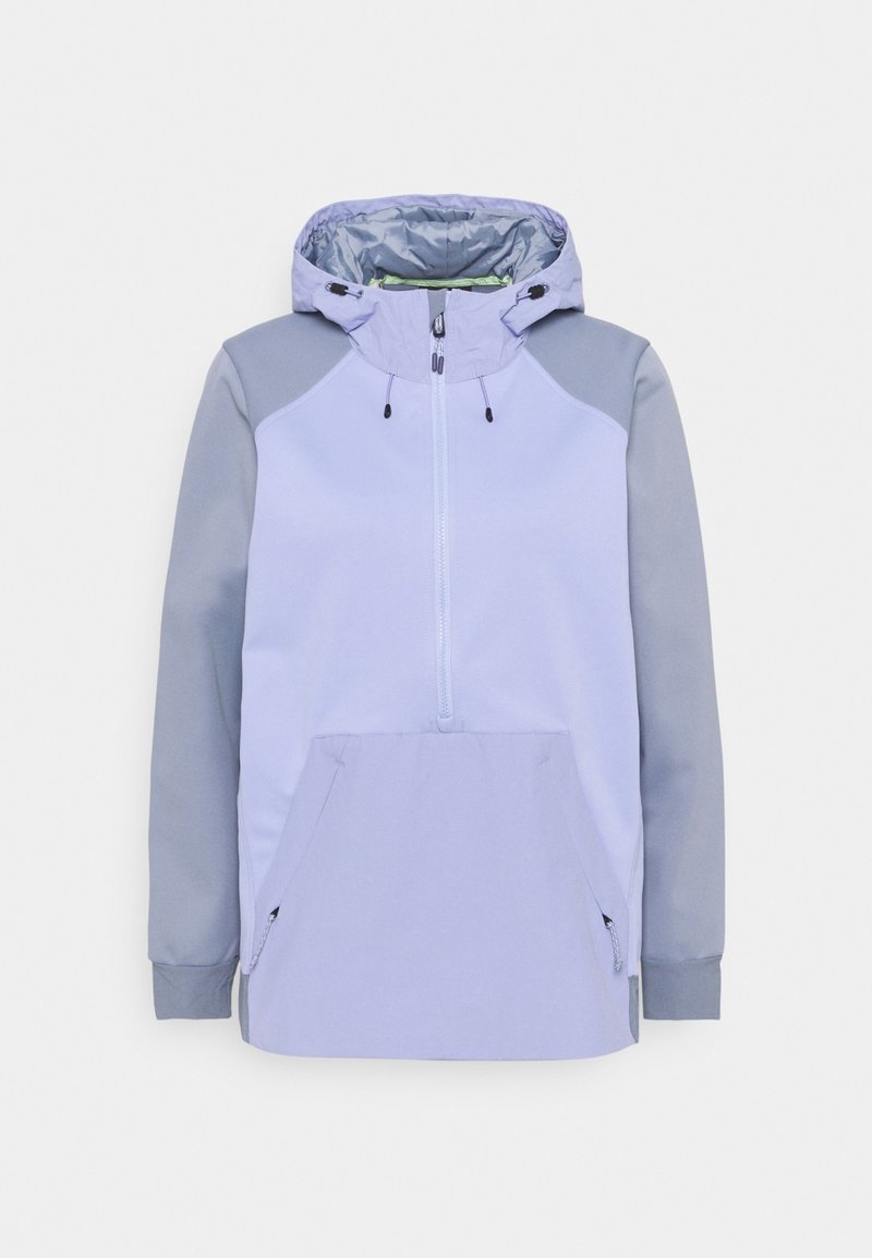 Veste à capuche violet clair avec demi-fermeture éclair, capuche avec cordon de serrage, poche kangourou avec fermetures éclair latérales, et manches gris clair.