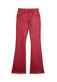 Pantaloni a zampa d'elefante rossi realizzati in materiale sintetico morbido. Caratteristiche includono una chiusura con zip e bottone, passanti per cintura e tasche frontali.