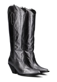 Zwarte leren cowboylaarzen met een spitse neus, een gestapelde hak en decoratieve stiksels langs de schacht en zijkanten.