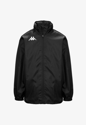 Schwarze leichte Jacke mit Reißverschluss, hohem Kragen, elastischen Bündchen und Kappa-Logo auf der linken Brust. Glatte Stofftextur.