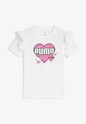 T-shirt bianco per bambini con maniche arricciate, con grafiche di cuori rosa, testo "PUMA" e personaggi di Hello Kitty e amici.