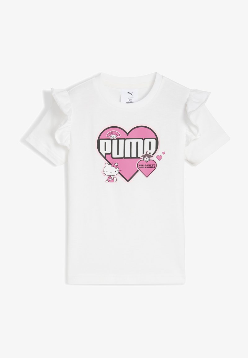 Camiseta blanca para niños con mangas con volantes, que presenta gráficos de corazones rosados, el texto "PUMA" y personajes de Hello Kitty y sus amigos.