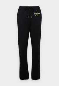 Schwarze Sweatpants mit elastischem Bund und Kordelzug, mit einem kleinen grafischen Aufdruck in Gelb, elastischen Bündchen an den Knöcheln.