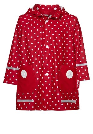 Rød vandtæt regnjakke med store hvide polkaprikker, hætte, knaplukning, to lommer med runde knapper og reflekterende detaljer.